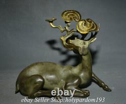 10.4 Old China Bronze Gilt Fengshui Deer Glossy ganoderma Longevity Statue
