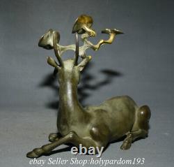 10.4 Old China Bronze Gilt Fengshui Deer Glossy ganoderma Longevity Statue