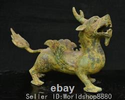 10 Ancient China Dynasty Bronze Ware Fengshui Wing Pixiu Beast Statue Sculpture