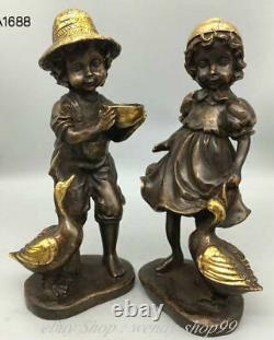10 Old Chinese FengShui Bronze Gilt Boys and girls 2 Duck Statue Sculpture Pair