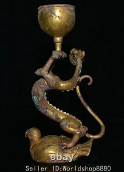 12.6Old China Bronze Gilt Fengshui Dragon Magpie Bird Candle Holder Candlestick
