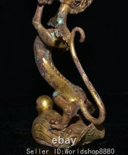 12.6Old China Bronze Gilt Fengshui Dragon Magpie Bird Candle Holder Candlestick