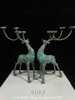 20 Old Chinese Bronze Ware Fengshui Deer Candle stick Lamp Statue Pair
