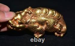 3.8 Ancient Chinese Bronze Gilt Fengshui Pi Xiu Unicorn Beast Statue Sculpture