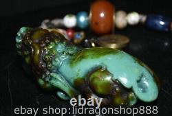 4 Rare Old Chinese Turquoise Beeswax Bronze Feng Shui Foo Dog Lion Beast Statue