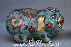 5.6 Old Chinese Bronze Gilt Cloisonne Fengshui 12 Zodiac Year Pig Statue Pair