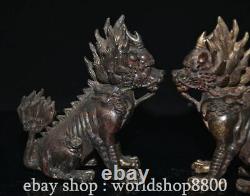 6 Old Chinese Bronze Gilt Feng Shui Qilin Kylin Dragon Beast Statue Pair