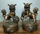 8.8 Old Chinese Bronze Gilt Fengshui Foo Fu Dog Guardion Lion Pair Drum Statue