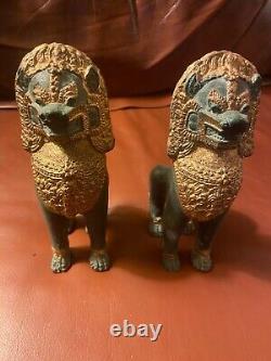Antique FOO DOGS LIONS Chinese Dynasty bronze Cloisonne Fengshui Guardian