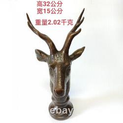 Old Bronze Fengshui Zodiac Animal wild antler deer horn Head Statue