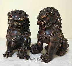 Vintage old Bronze Lions Door Fengshui Guardion Fu Foo Dogs Lion Statue Pair